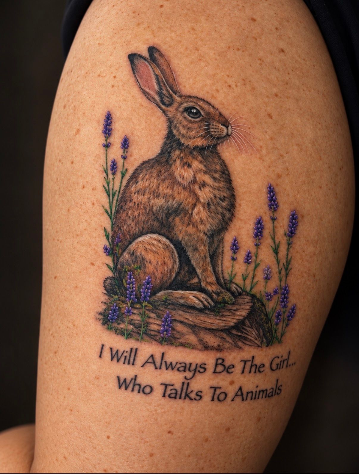 Color hare with lavender and the words “I Will Always Be The Girl Who Talks To Animals” on the upper arm